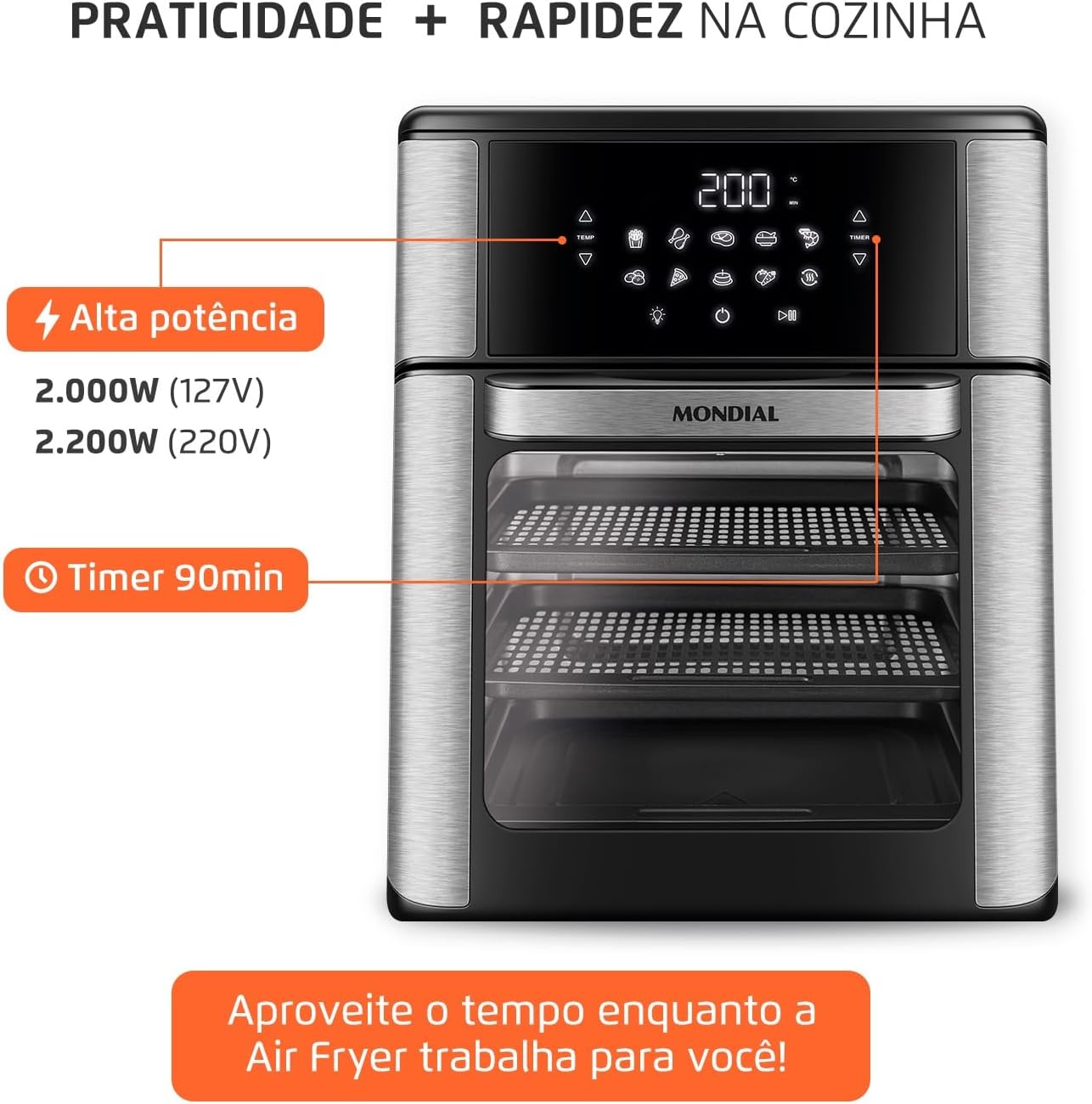 MONDIAL Fritadeira Air Fryer Forno Oven 12L, Preto/Inox, 2000W