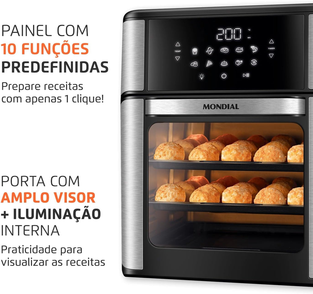 MONDIAL Fritadeira Air Fryer Forno Oven 12L, Preto/Inox, 2000W