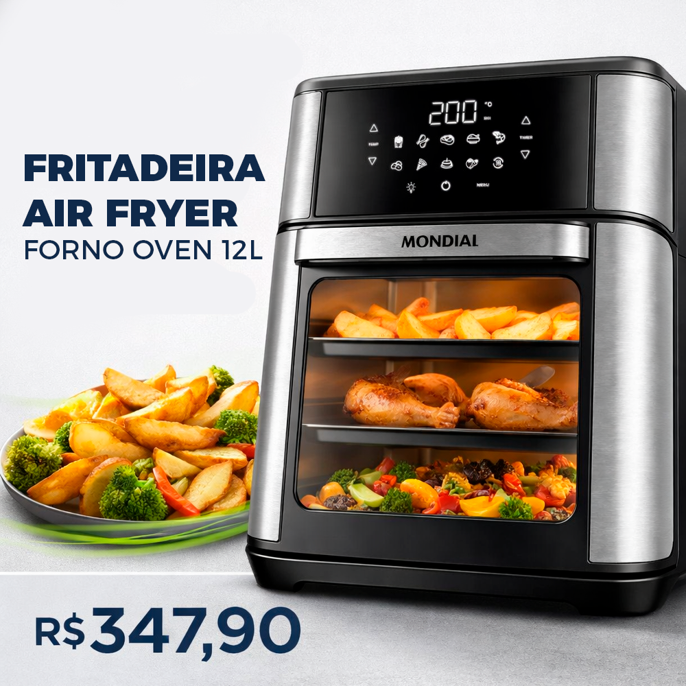 MONDIAL Fritadeira Air Fryer Forno Oven 12L, Preto/Inox, 2000W