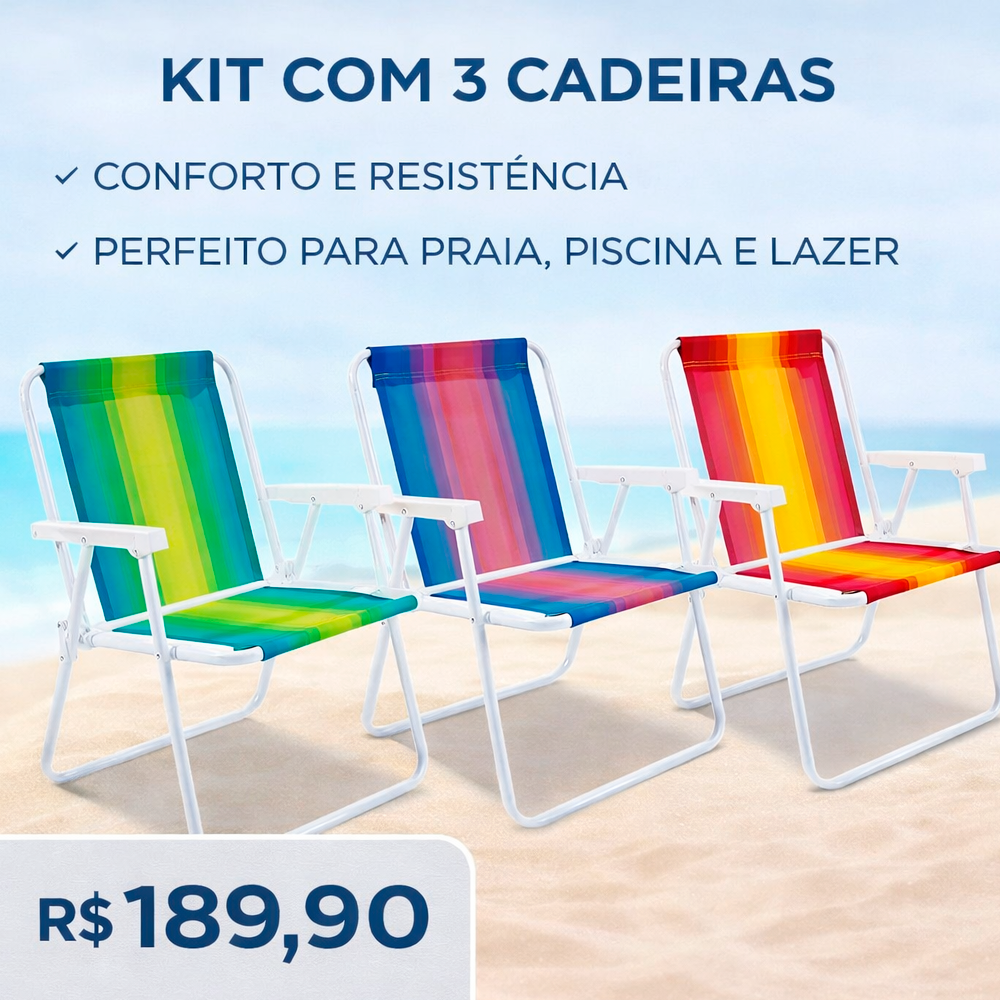 Kit 3 cadeiras de Praia Aço Sortido