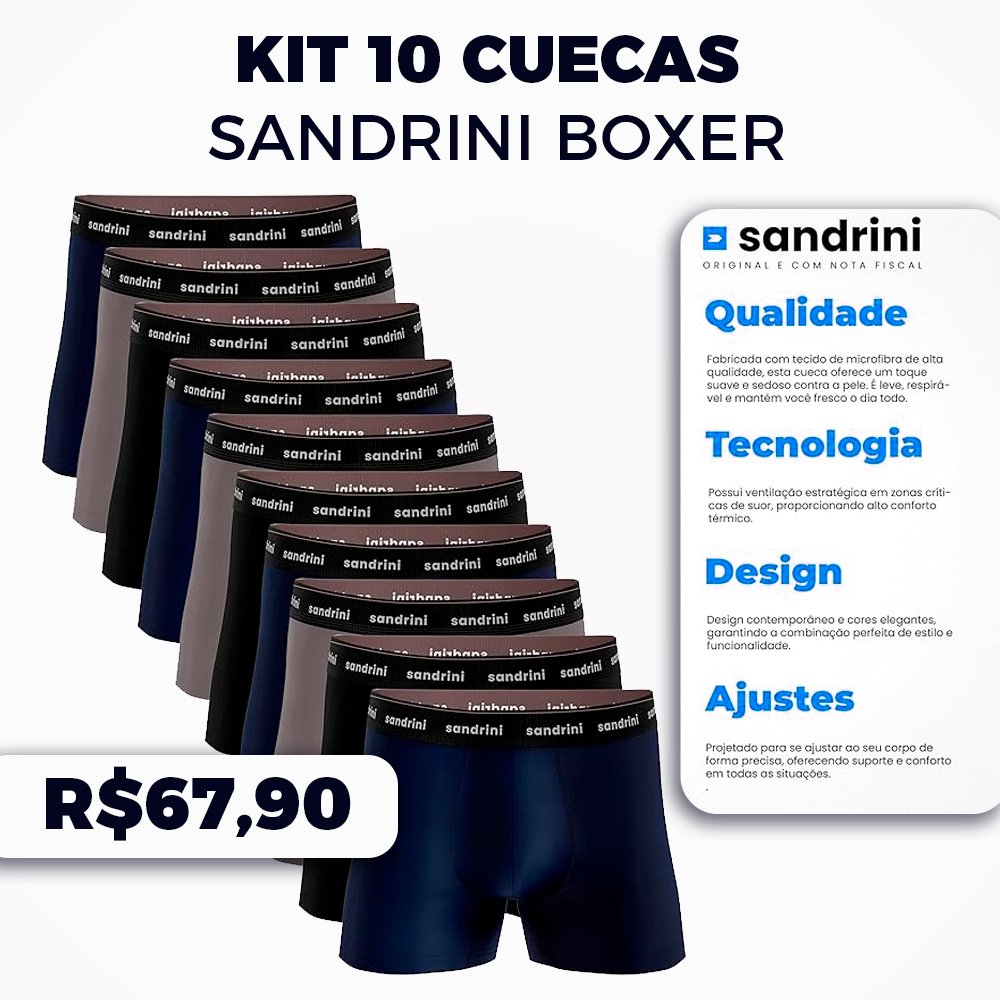 Kit 10 Cuecas Sandrini Boxer Polo 100% Algodão Box Masculinas